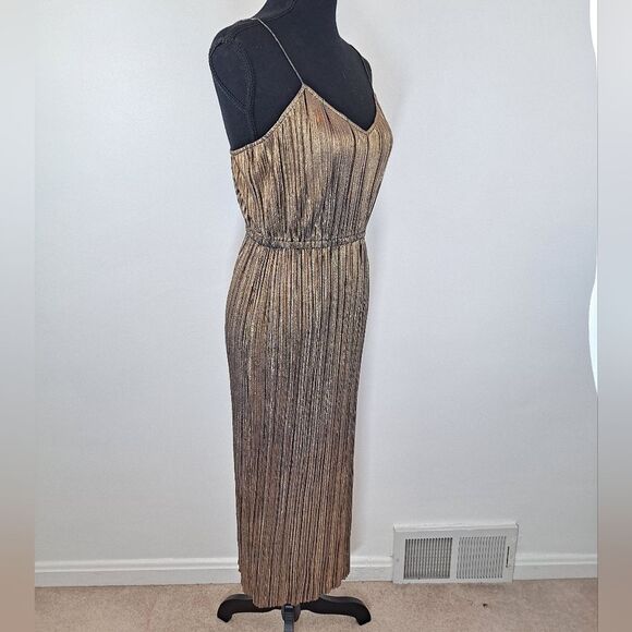 Plenty Tracy Reese Midi Metallic Pleated Shimmery Shiny Cinched Waist Dress - Picture 4 of 7